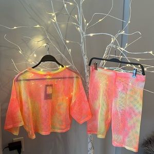 NWT Fashion Nova mesh 2 piece biker set Rave/Festival wear orange and yellow